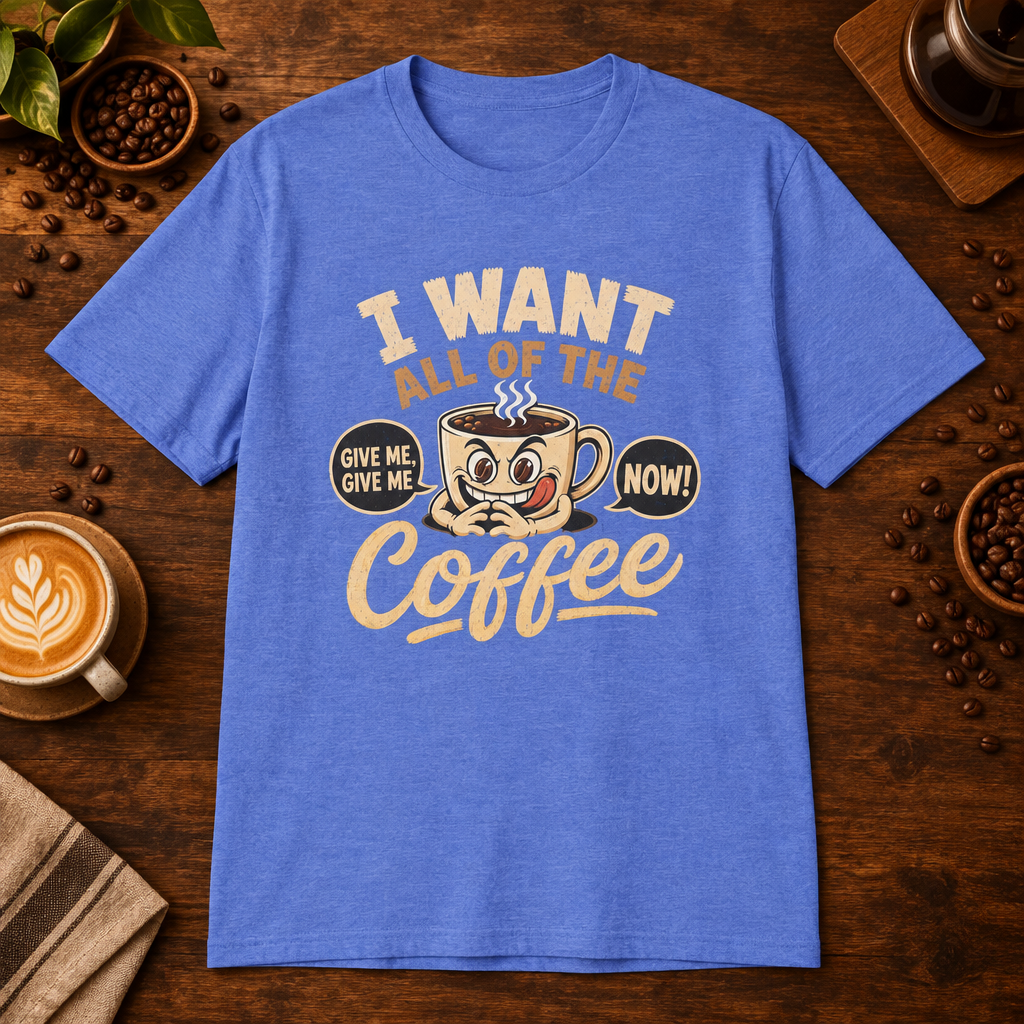 I Want All of the Coffee T-Shirt Heather Royal on warm coffee bar