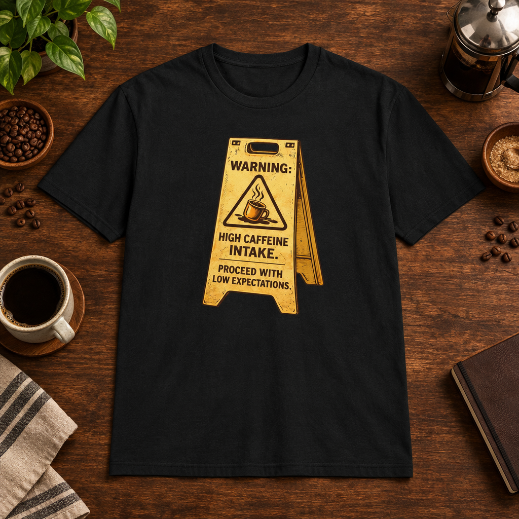 High Caffeine Intake T-Shirt Black short-sleeve coffee-bar flat lay
