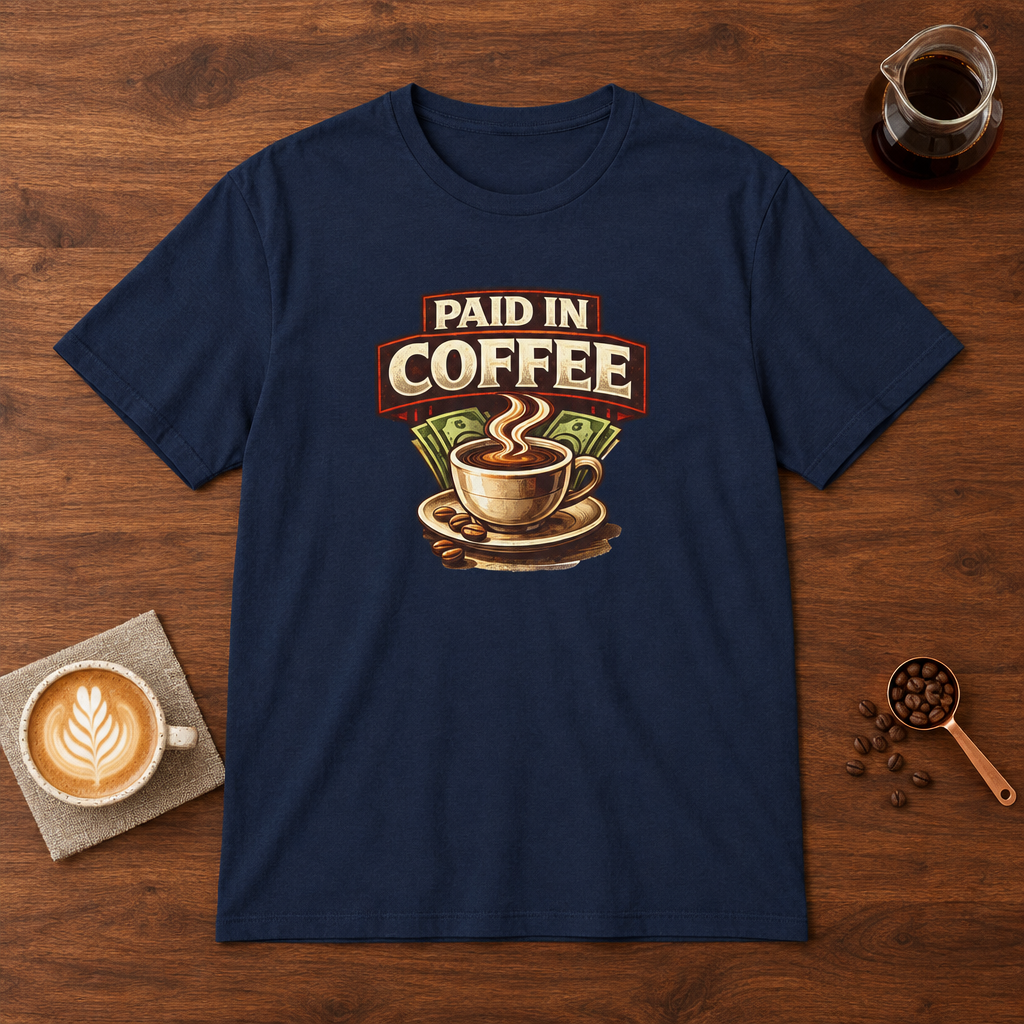 Paid in Coffee T-Shirt Navy coffee bar mockup