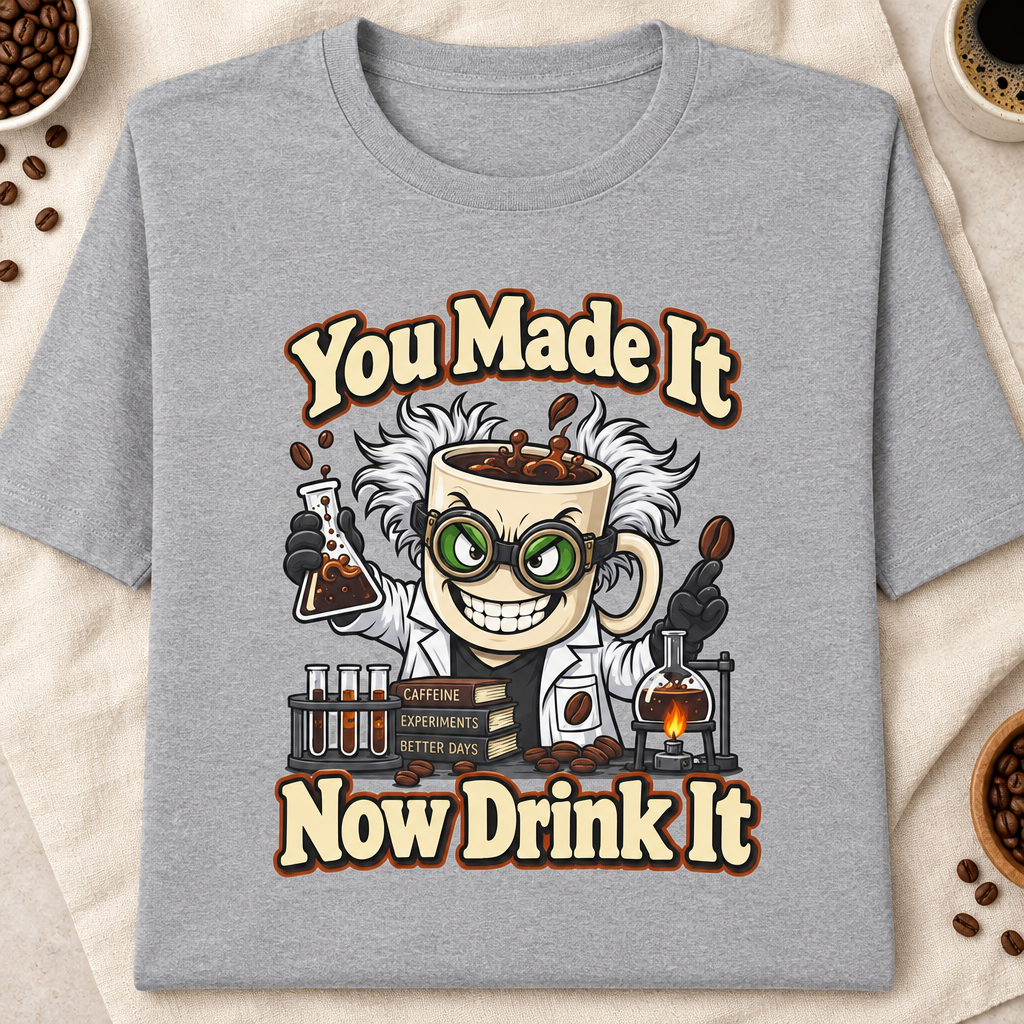 You Made It Now Drink It T-Shirt in Sport Grey, tighter zoom-in mockup