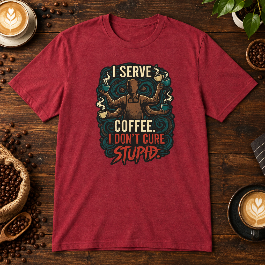 I Don't Cure Stupid T-Shirt Antique Cherry Red on warm coffee bar