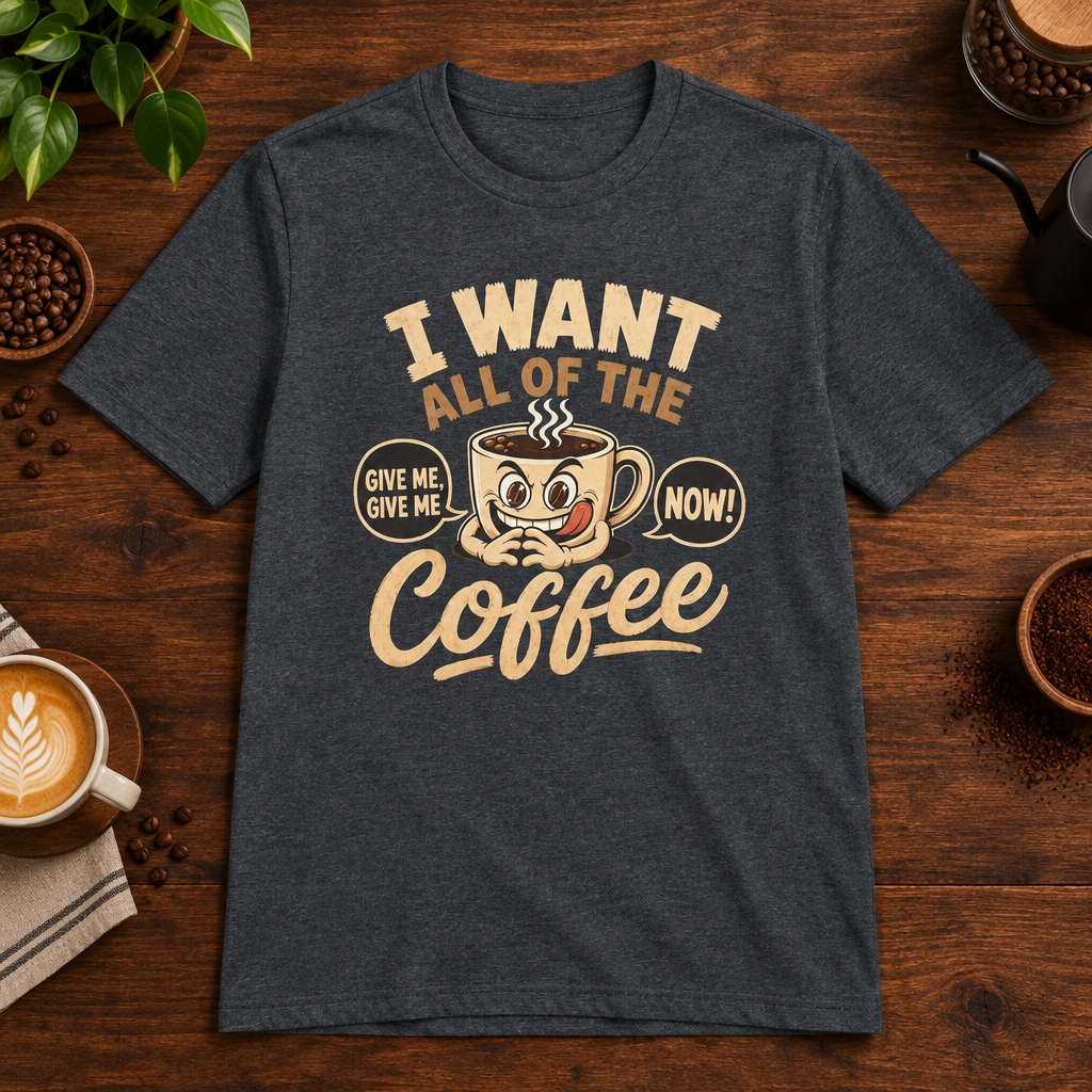 I Want All of the Coffee T-Shirt Dark Heather Grey on warm coffee bar