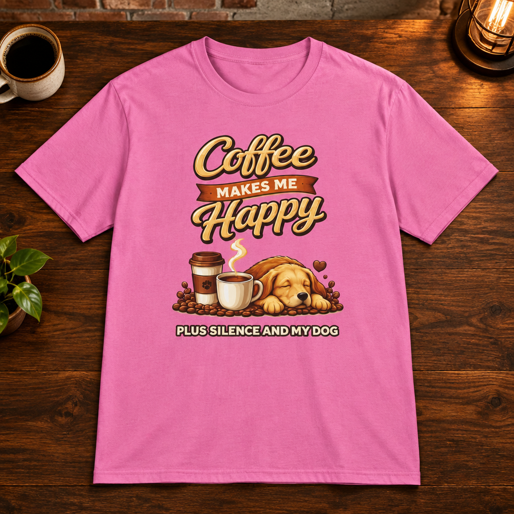 Coffee Makes Me Happy T-Shirt Azalea close-fill short-sleeve coffee-bar flat lay
