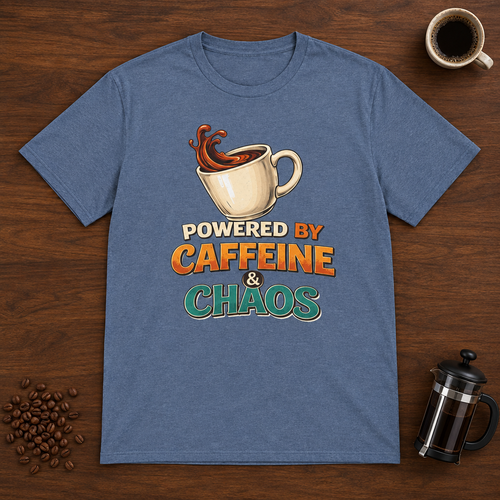 Powered by Caffeine and Chaos T-Shirt Heather Indigo coffee-bar flat lay
