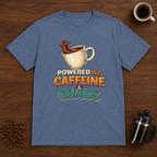 Powered by Caffeine and Chaos T-Shirt Heather Indigo coffee-bar flat lay