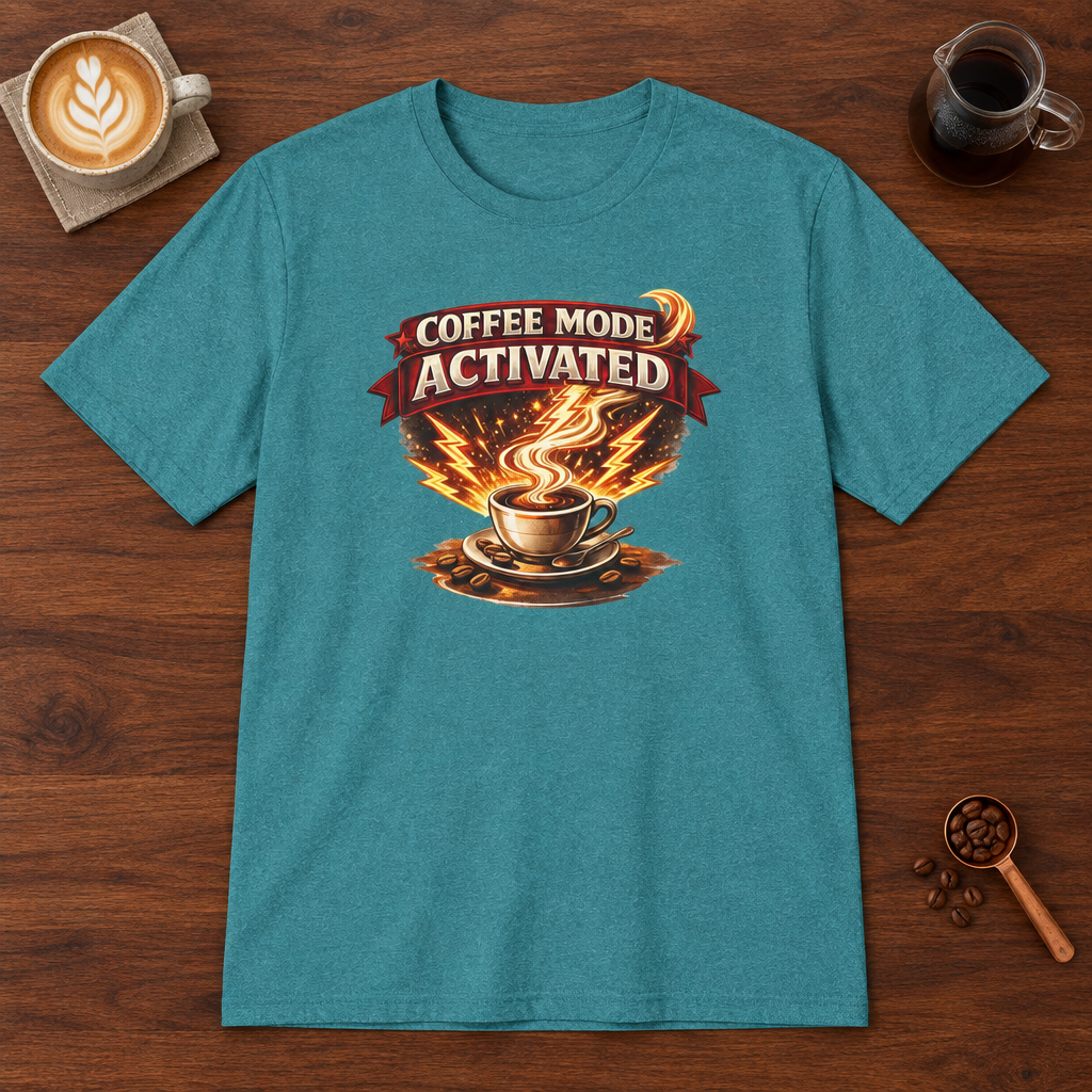 Coffee Mode Activated T-Shirt Heather Galapagos Blue coffee bar mockup
