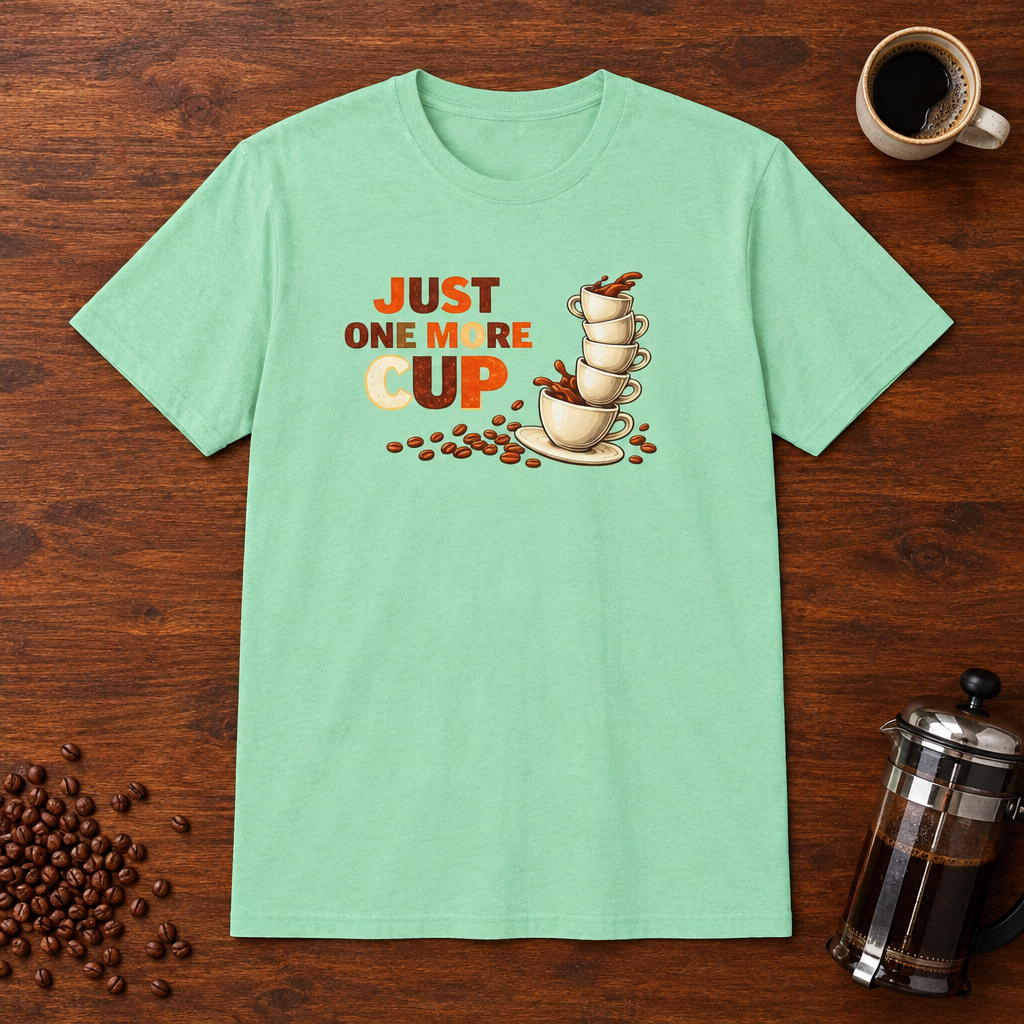Just One More Cup T-Shirt Mint Green coffee-bar flat lay
