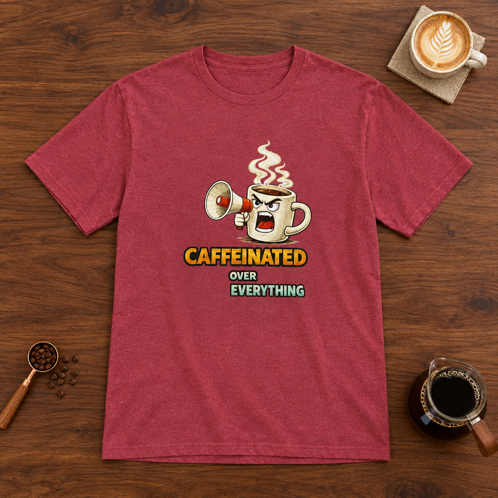 Caffeinated Over Everything T-Shirt Heather Cardinal flat lay on walnut coffee bar