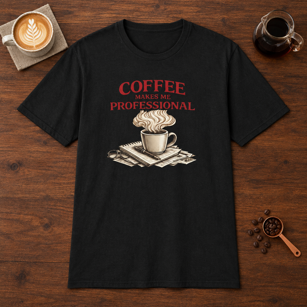 Coffee Makes Me Professionial T-Shirt Black coffee bar mockup