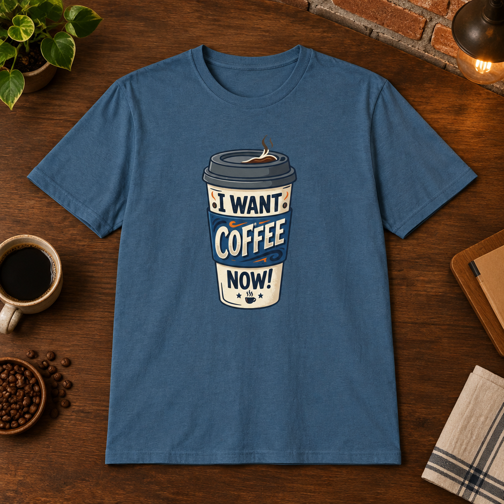 White Coffee Cup T-Shirt Indigo Blue close-fill short-sleeve coffee-bar flat lay