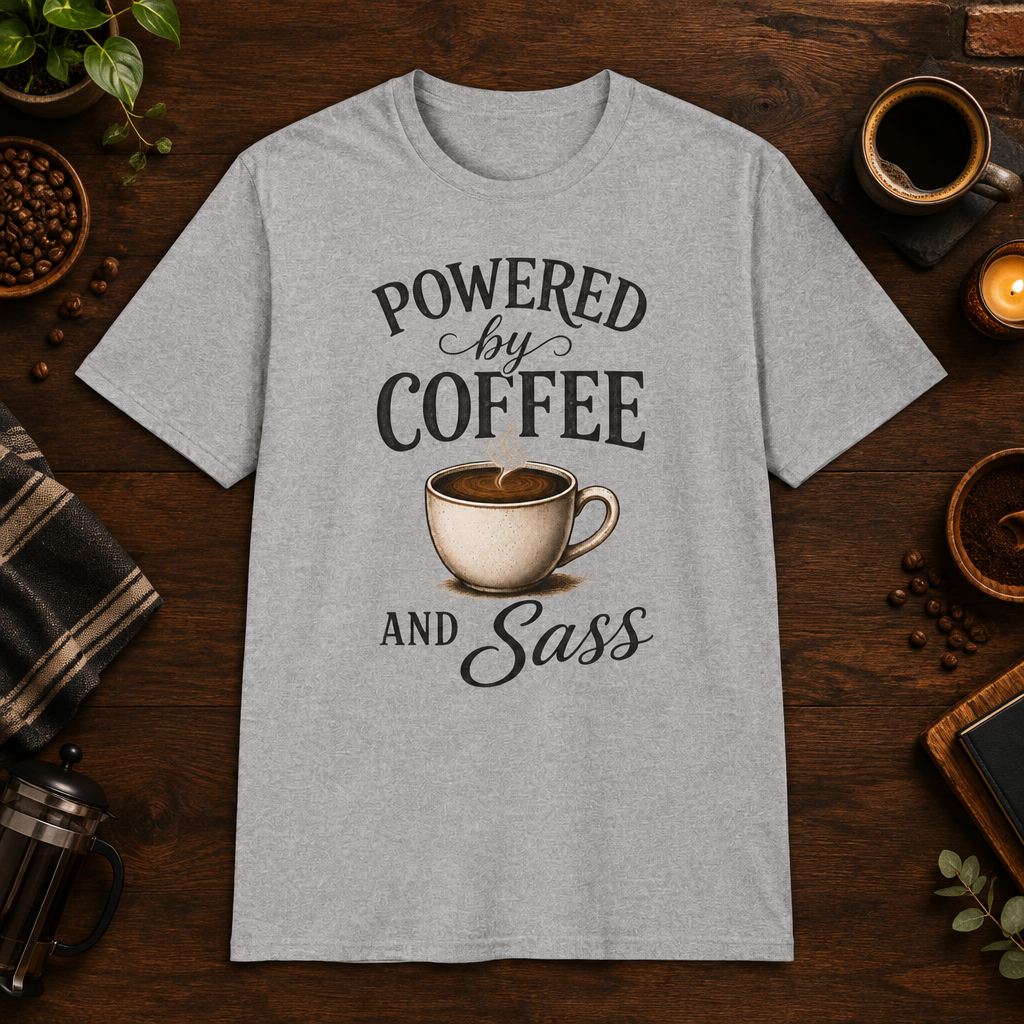 Powered by Coffee T-Shirt in Sport Grey, coffee bar flat lay mockup