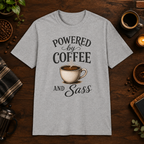 Powered by Coffee T-Shirt in Sport Grey, coffee bar flat lay mockup