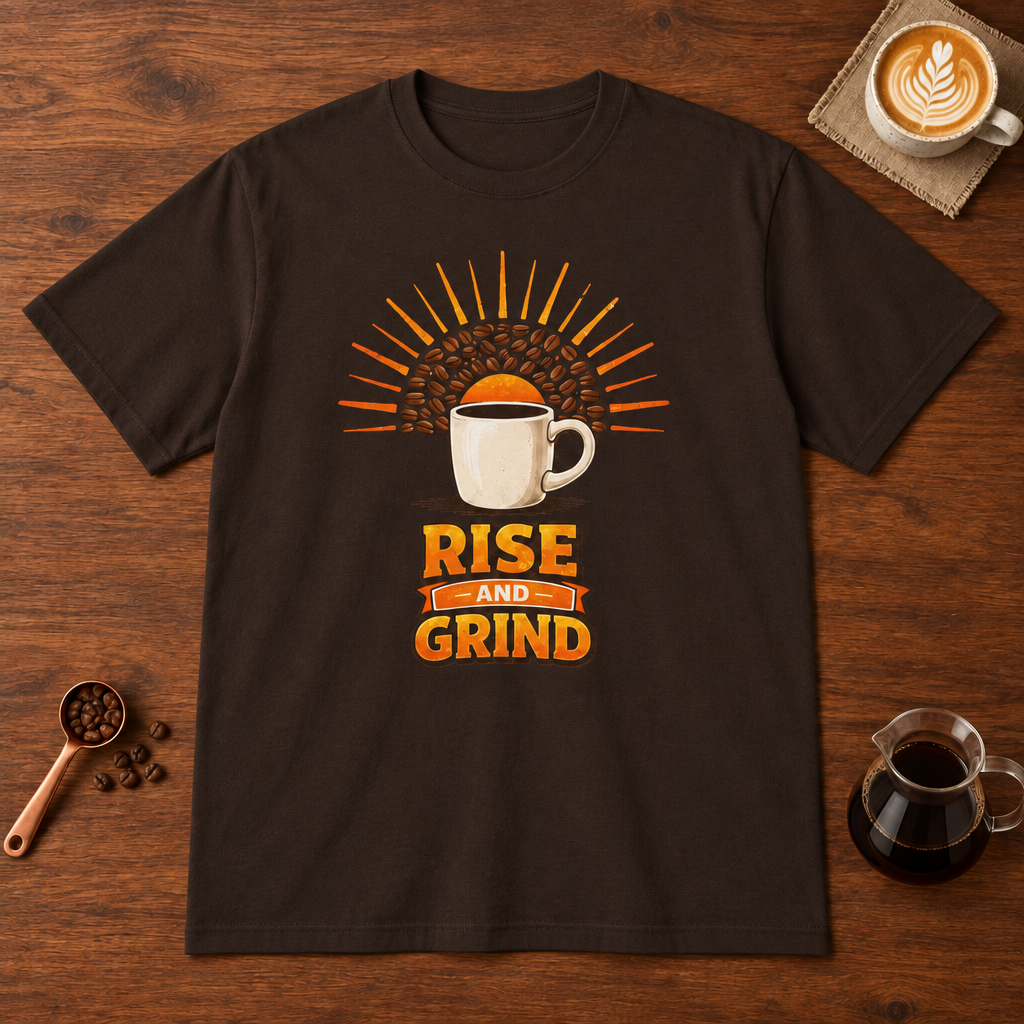 Rise and Grind T-Shirt Dark Chocolate flat lay on walnut coffee bar