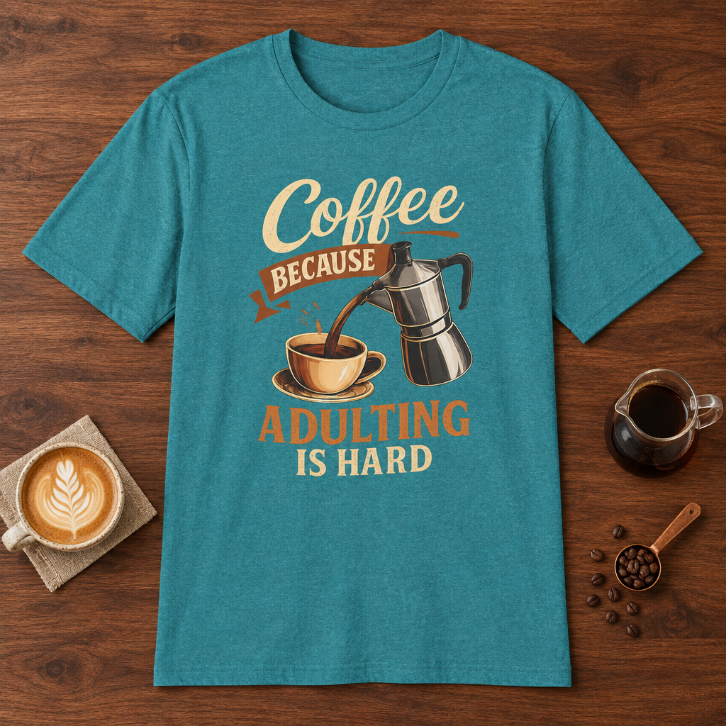 Adulting is Hard T-Shirt Heather Galapagos Blue coffee bar mockup