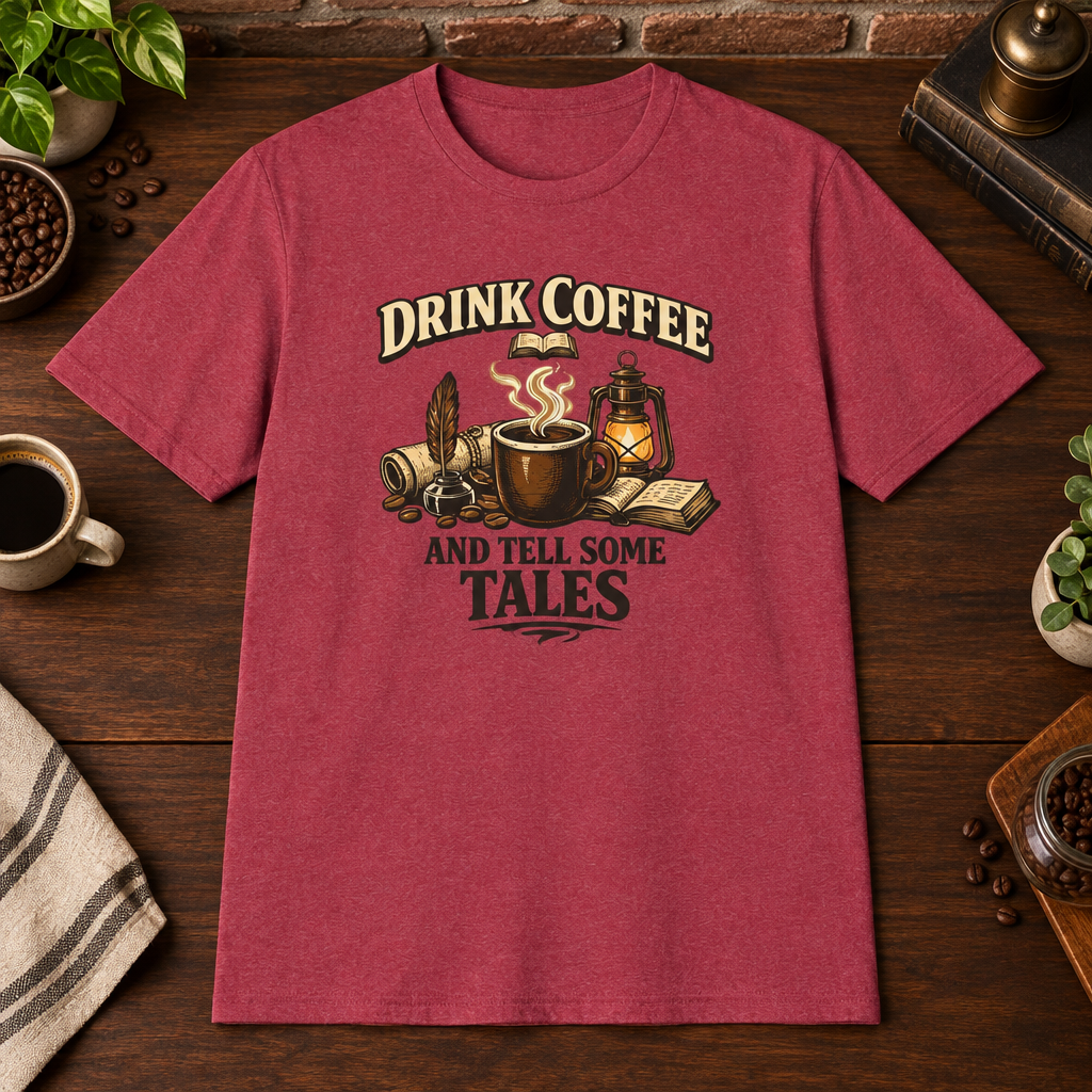 Tell Tales T-Shirt Heather Cardinal close-fill short-sleeve coffee-bar flat lay