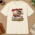 Running Late Drinking Coffee T-Shirt in White, zoomed lifestyle mockup