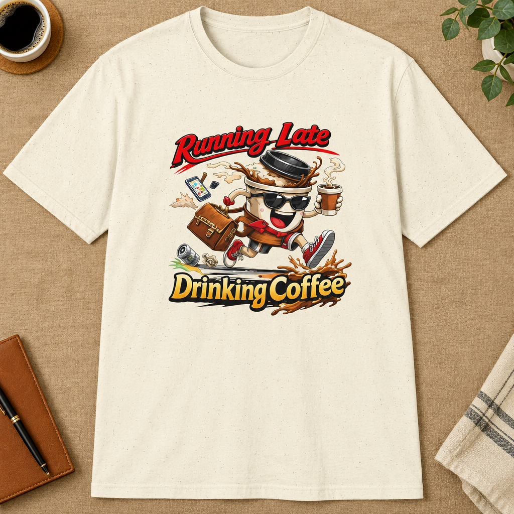 Running Late Drinking Coffee T-Shirt in White, zoomed lifestyle mockup