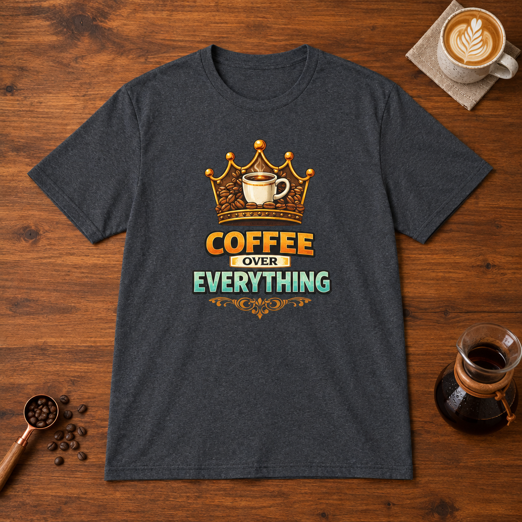 Coffee Over Everything T-Shirt Dark Heather Grey flat lay on walnut coffee bar