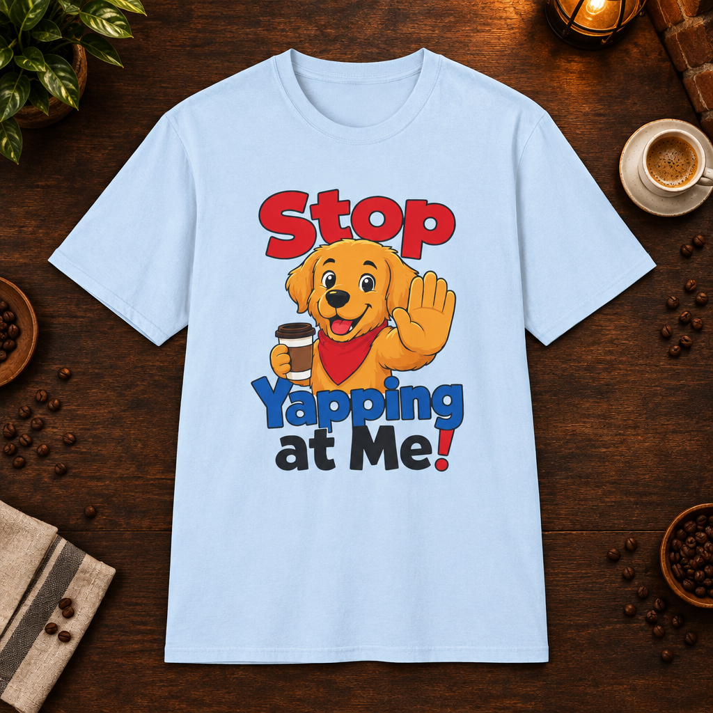 Stop Yapping at Me T-Shirt in Light Blue, coffee bar flat lay mockup