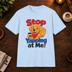 Stop Yapping at Me T-Shirt in Light Blue, coffee bar flat lay mockup