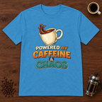 Powered by Caffeine and Chaos T-Shirt Heather Sapphire coffee-bar flat lay