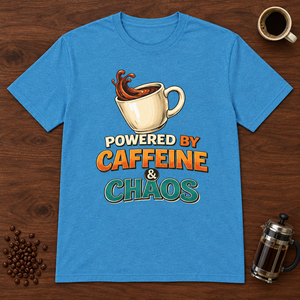Powered by Caffeine and Chaos T-Shirt Heather Sapphire coffee-bar flat lay