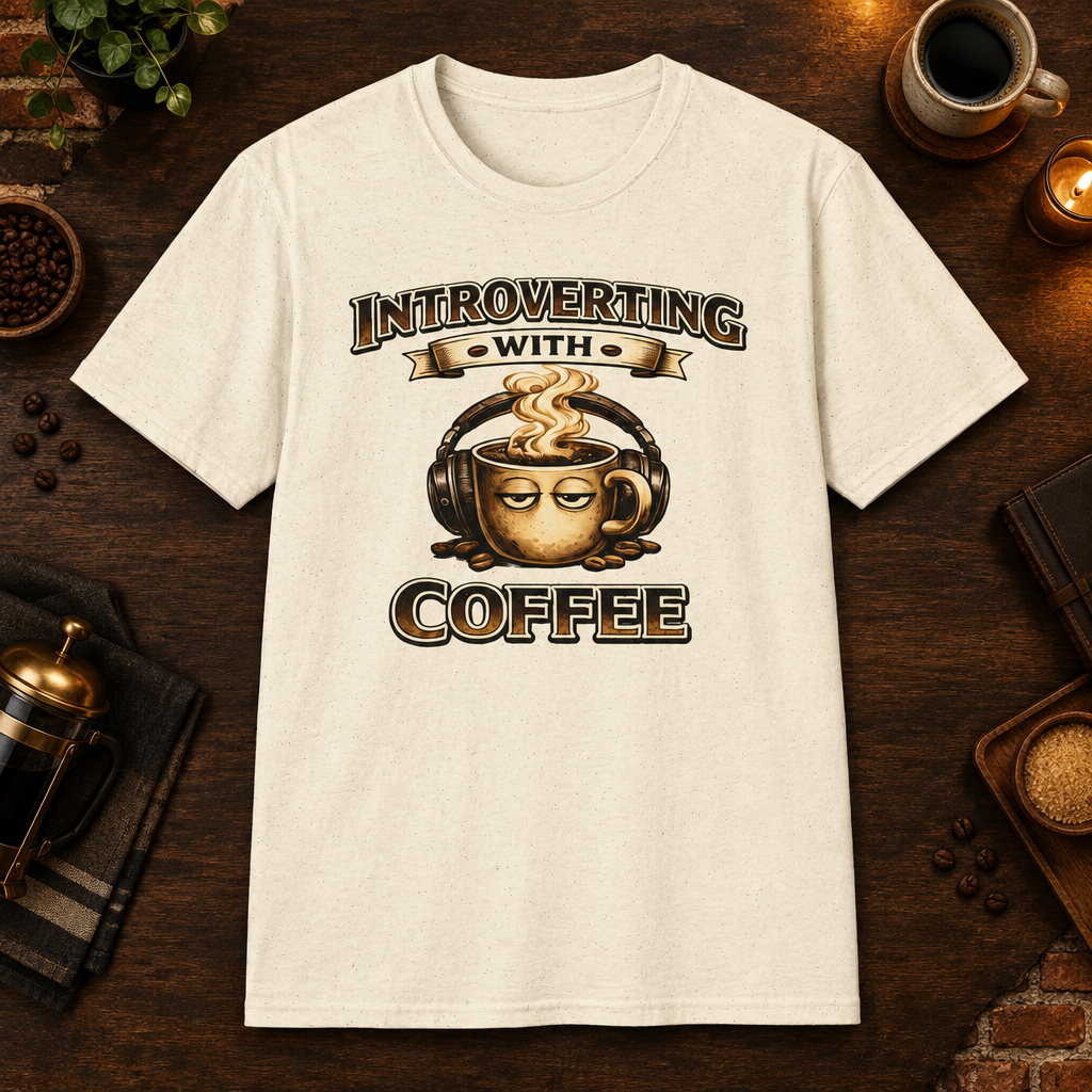 Introverting with Coffee T-Shirt in White, zoomed lifestyle mockup