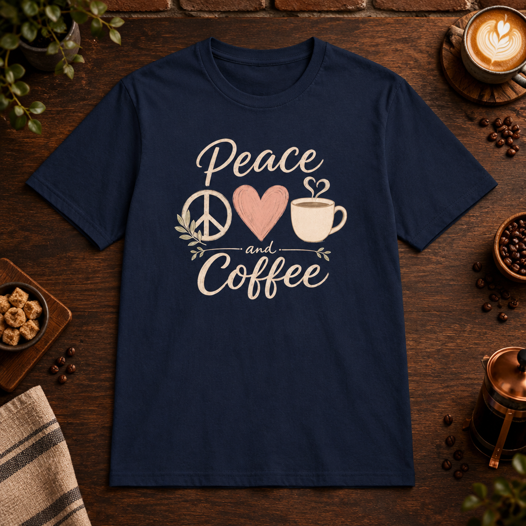Peace, Love and Coffee T-Shirt Navy coffee-bar flat-lay mockup