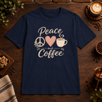 Peace, Love and Coffee T-Shirt Navy coffee-bar flat-lay mockup